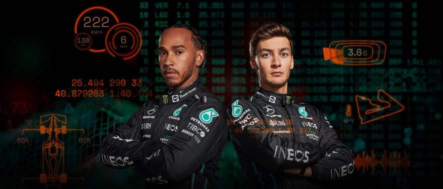 梅赛德斯- amg Petronas F1车队的刘易斯·汉密尔顿在仪表盘统计数据前